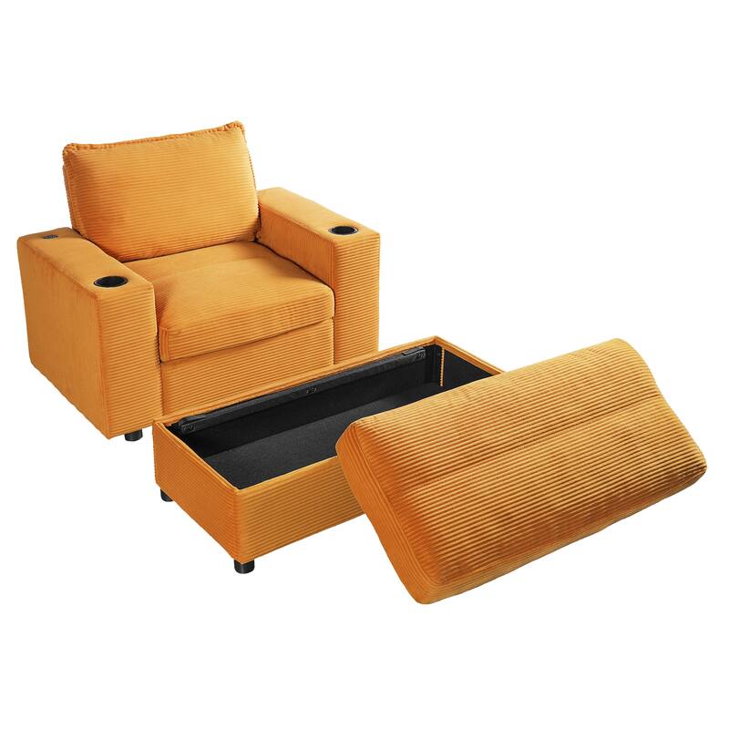 42.8" Oversized Chaise Lounge Chair with Storage Ottoman, Corduroy Sofa Bed with Cup Holders & USB Charging Port