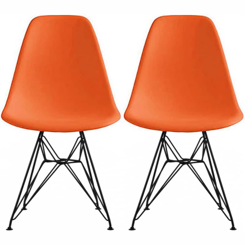 Set of 2 Mid-Century Modern Dining Side Chairs Armless Plastic Shell Seat with Black Metal Wire Eiffel Base, White