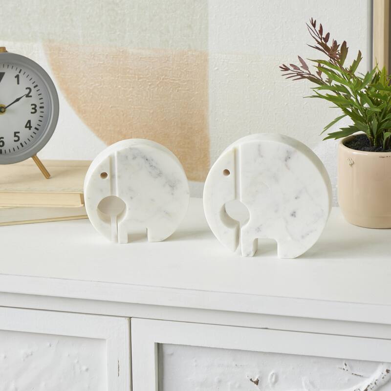 Marble Elephant Circular Abstract Sculpture with Gray Marble Veins and Cutouts - Set of 2 White - Roche River Decor