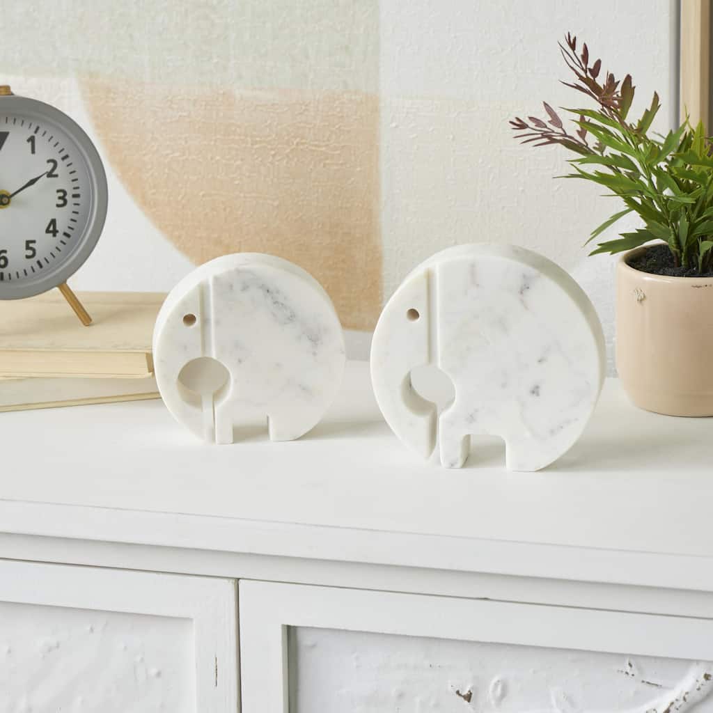 White Marble Circular Abstract Elephant Decorative Sculpture with Gray Marble Veins and Cutouts (Set of 2)