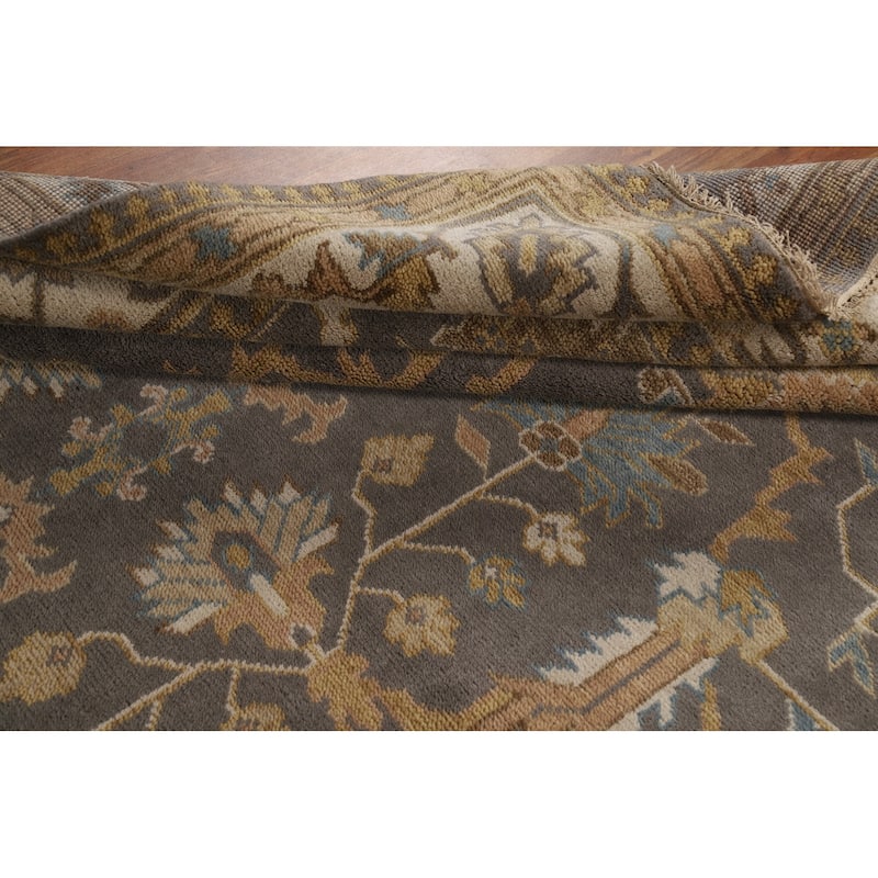 Geometric Gray Oushak Indian Area Rug Hand-Knotted Wool Carpet - 9'3"x 11'8"