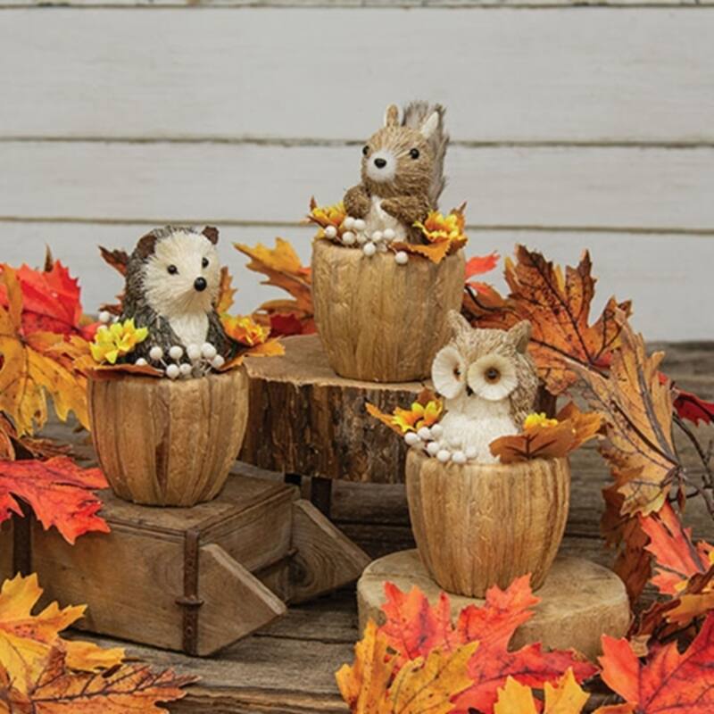 Fall Woodland Animal Sitters Rustic Autumn Decor Squirrel Raccoon Owl Nest Figurines 3 Asstd. - 6.75” high by 4” in diameter