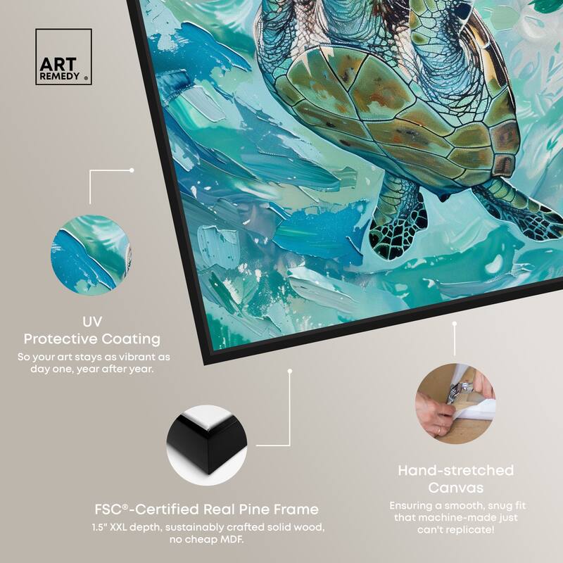 Art Remedy Serene Turtle Framed Colorful Coastal 1 Piece Canvas Wall Art