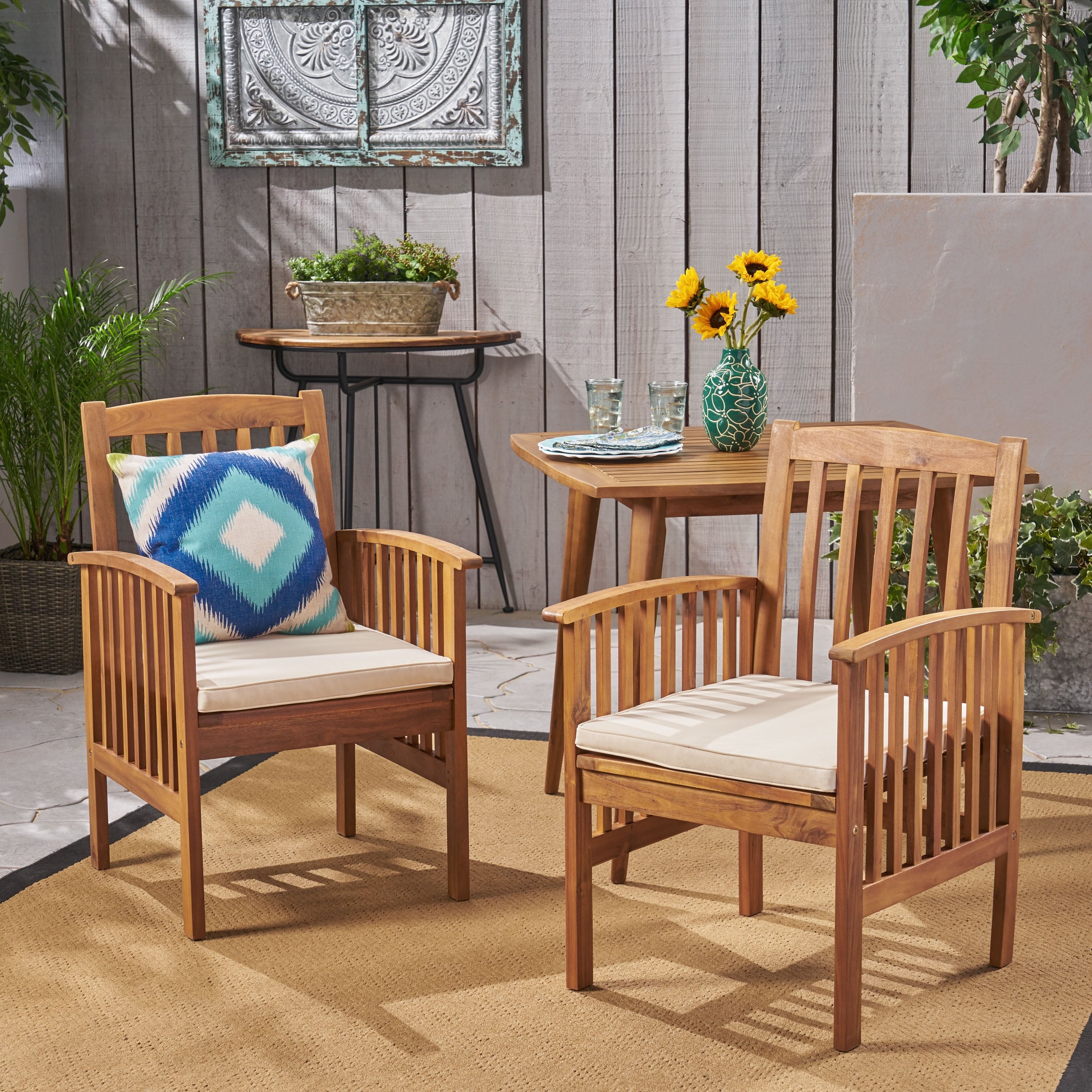 Outdoor Dining Chair Set of 2, 2PCS with 2 Cushions, acacia wood frame, ssembly are included.