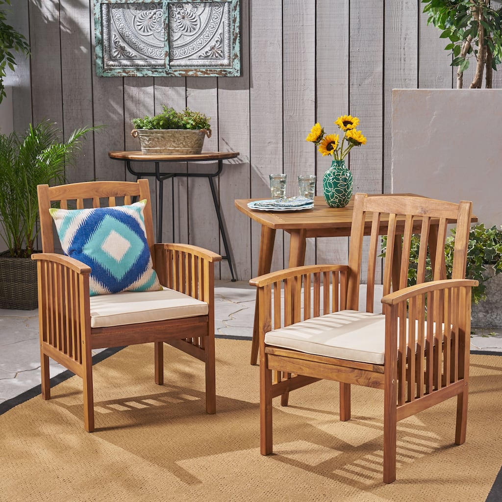 Roomfitters 2-Piece Acacia Wood Dining Chairs with Water-Resistant Cushions, Rustic Modern Outdoor Seating