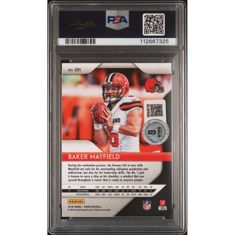Baker Mayfield 2018 Panini Prizm Signed Rookie Card #201 Auto PSA 10 112667325 - 8' x 11'