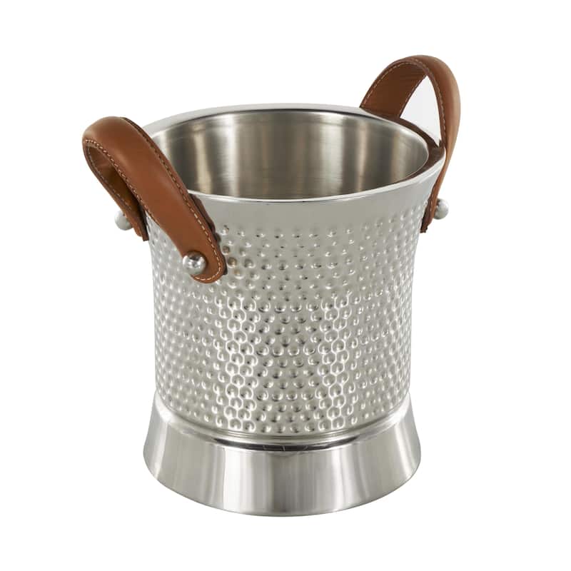 Stainless Steel Metal Hammered Ice Bucket with Brown Leather Handles - Silver - Roche River Decor - 9"W x 12"L x 11"H