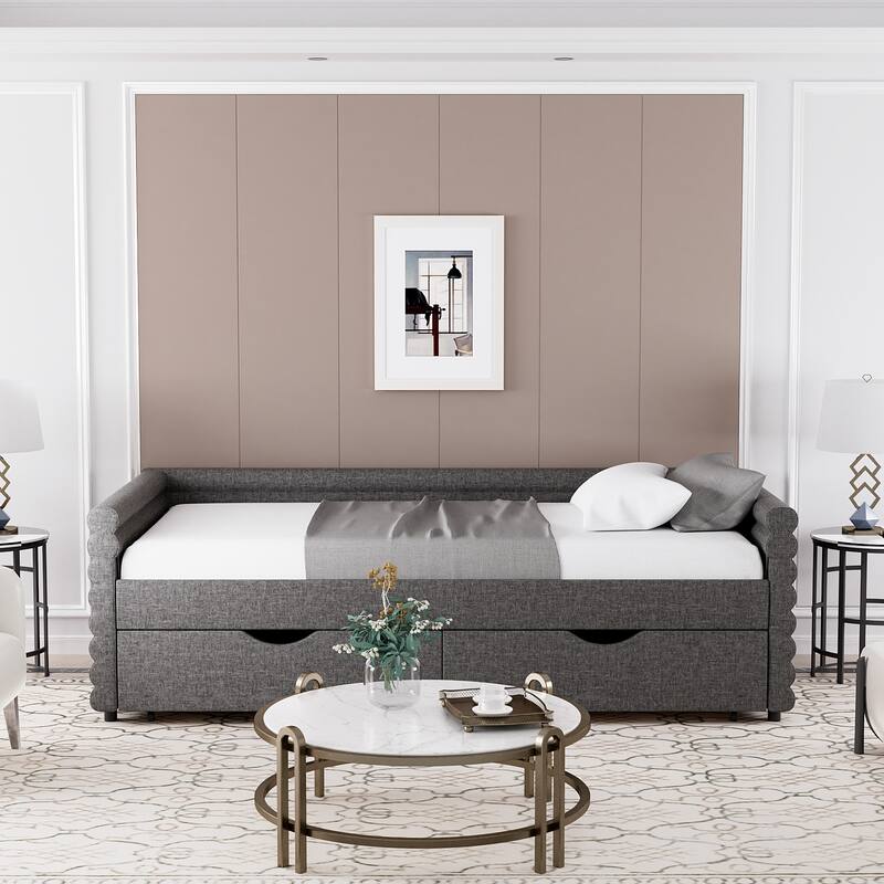 Ouyessir Modern Upholstered Tufted Daybed with Trundle & Drawers