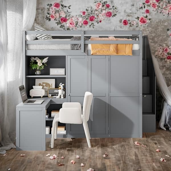 slide 2 of 16, Full Size Bunk Bed with Wardrobe,Desk and Storage Grey