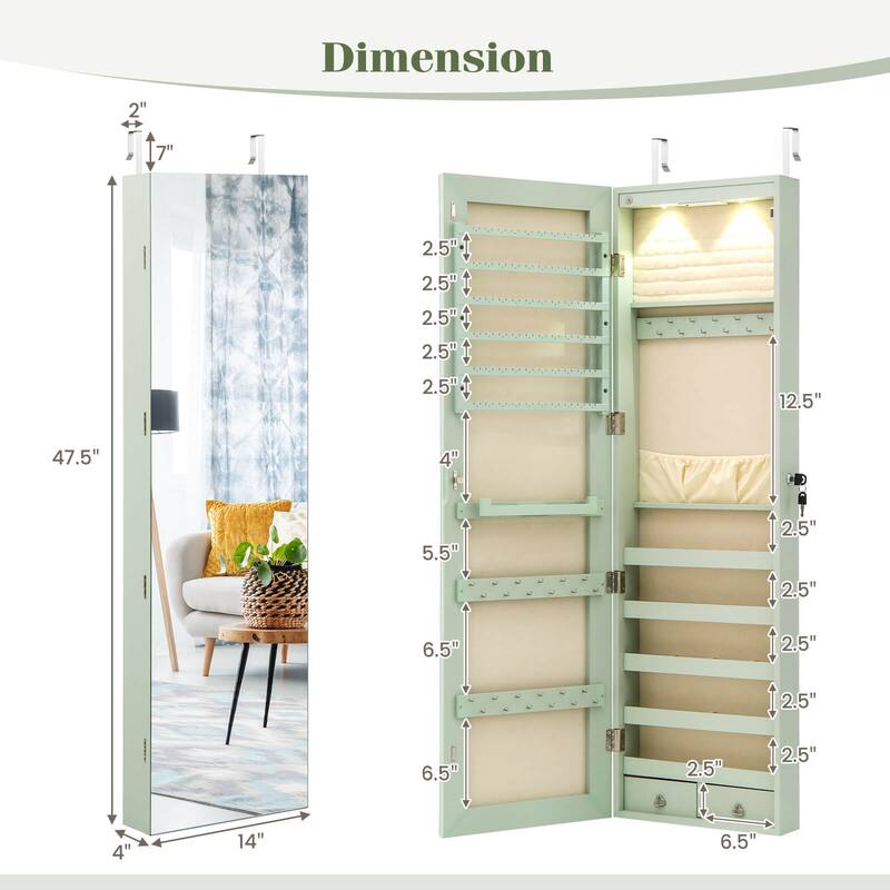 Costway Mirrored Wall & Door Mounted Jewelry Cabinet Storage Organizer - See Details