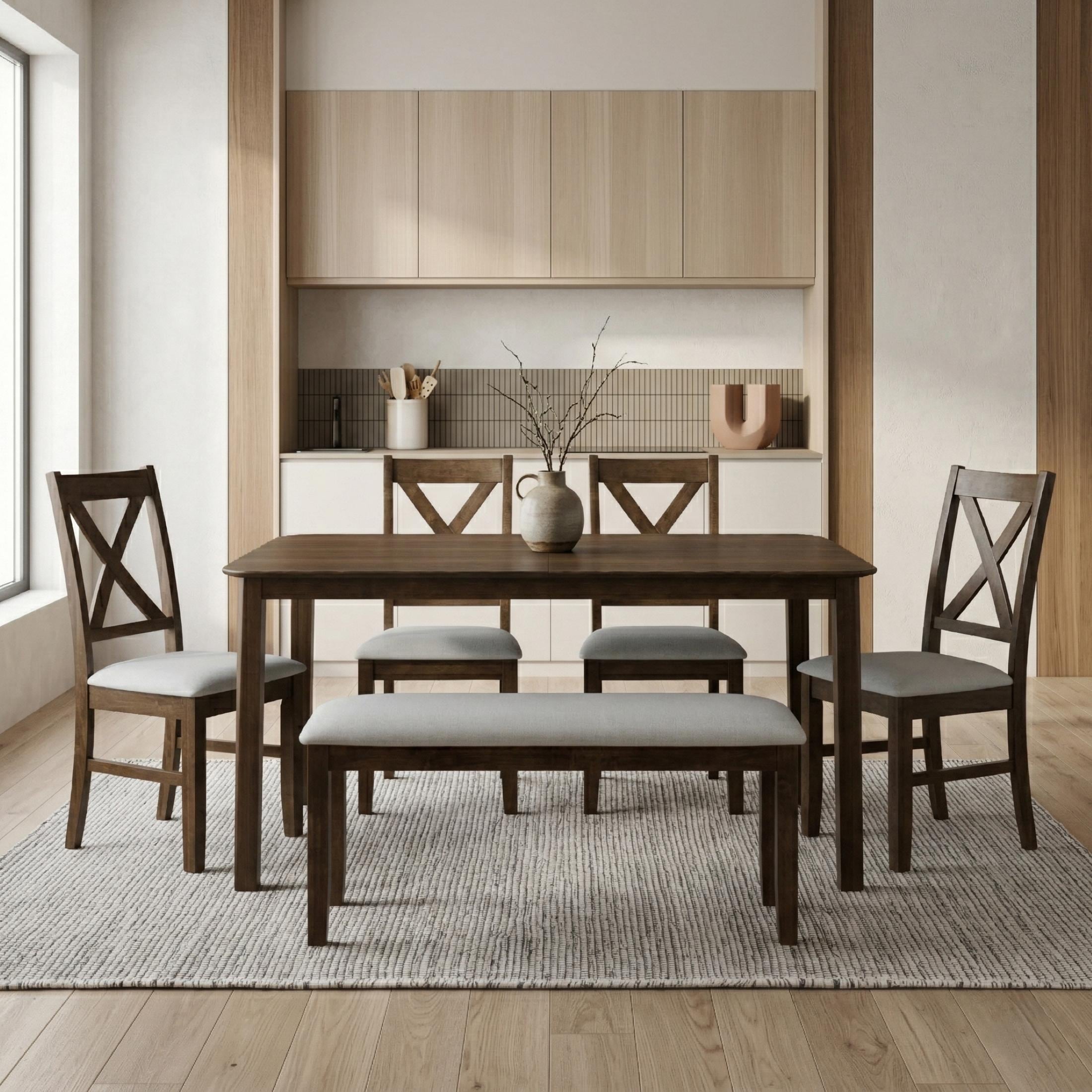 Clayfell Vinita 6-Piece Dining Set with Rectangular Table, Cross Back Chairs, and Bench