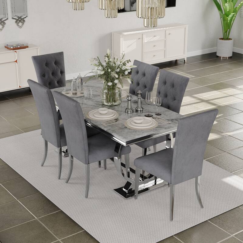 Glam Silver Dining Table Set with 64 inch Dining Table and Black Button Tufted Velvet Dining Chairs