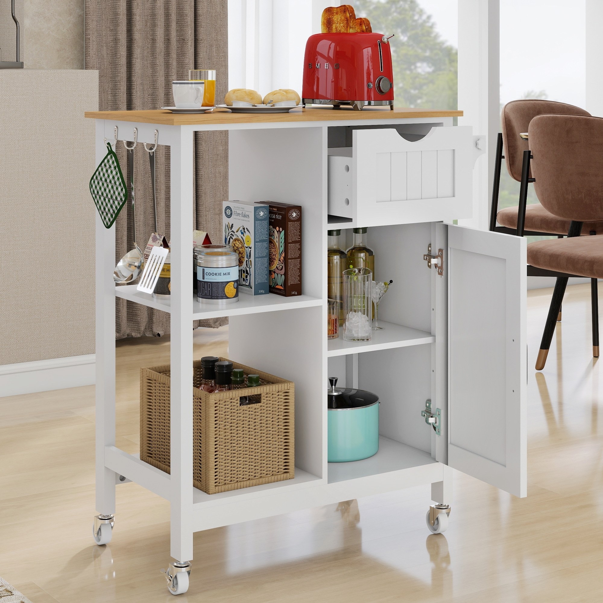 White Kitchen Island Cart with Storage Cabinet and Wheels