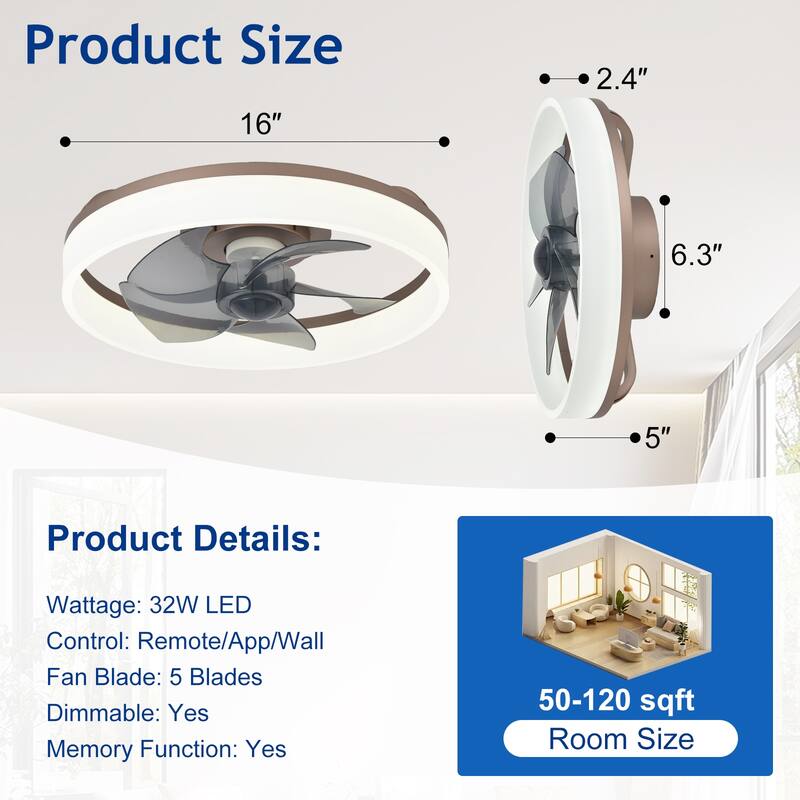 Ceiling Fan with Light: Low Profile, App Remote Control, 6-Speed, 3 CCT, Quiet DC Motor, Dimmable LED, 20" /16"