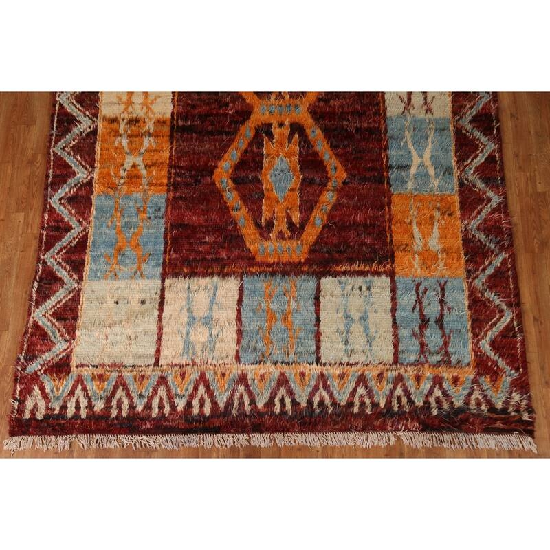 Hand Knotted Oriental 100% Wool Carpet Modern Tribal Red Moroccan Area Rug - 9' 9'' X 7' 0''