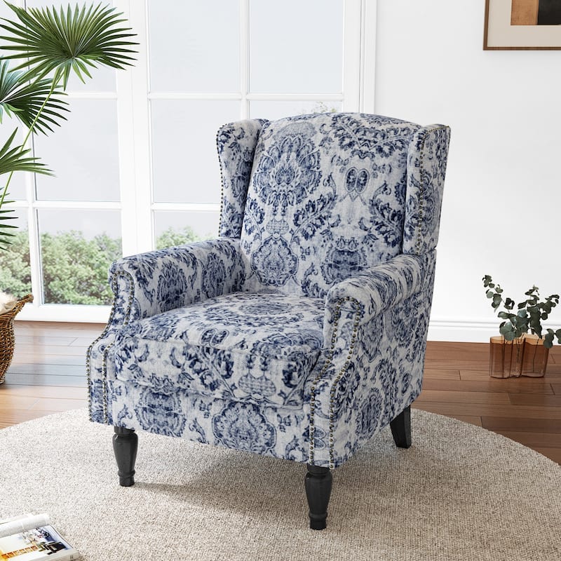 Mid-Century Modern Linen/ Vegan Leather Wing Back Accent Chair