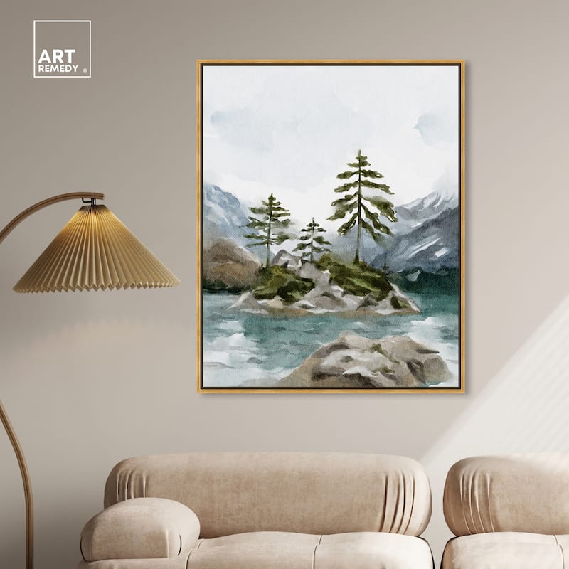 Art Remedy Cold Winter Lake Framed Landscape 1 Piece Canvas Wall Art Watercolor Style