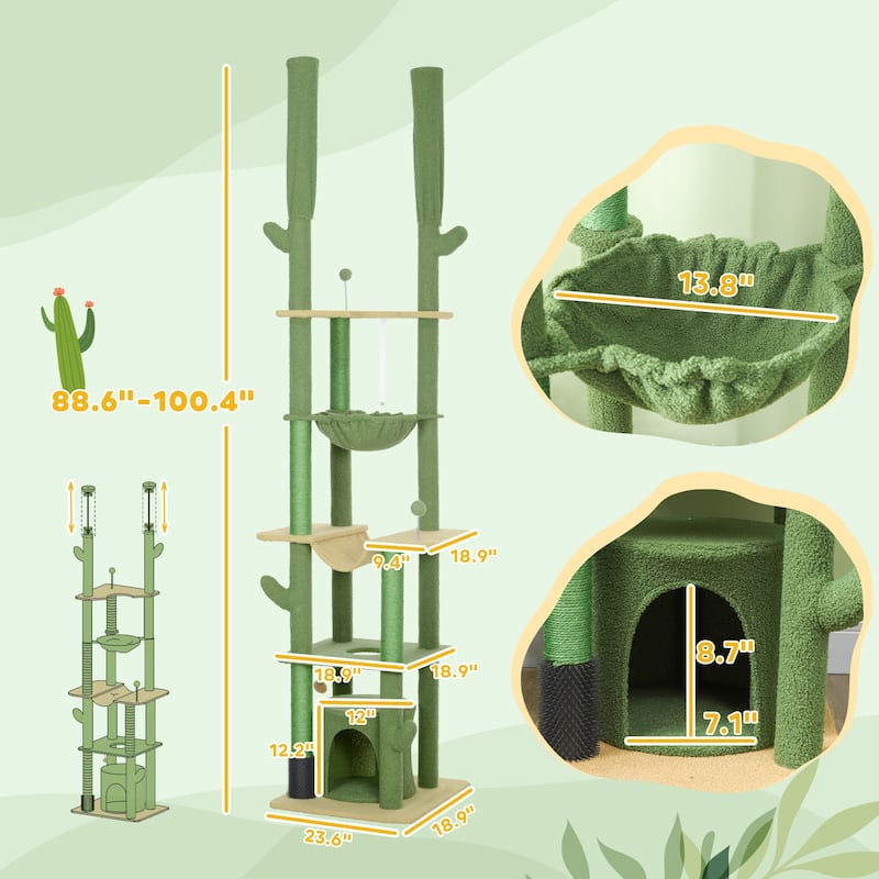 PawHut 89"-100" Floor to Ceiling Cat Tree w/ Grooming Brush Post, Green