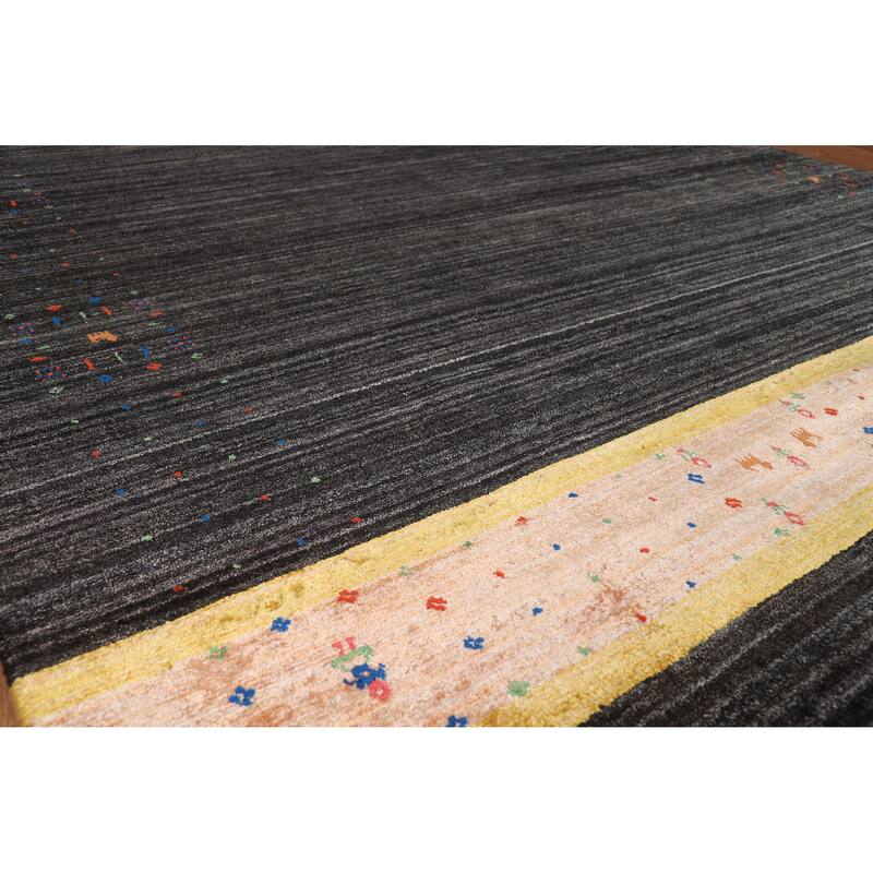 Striped Black Gabbeh Oriental Area Rug Hand-Knotted Silk Carpet - 8'2" x 9'8"
