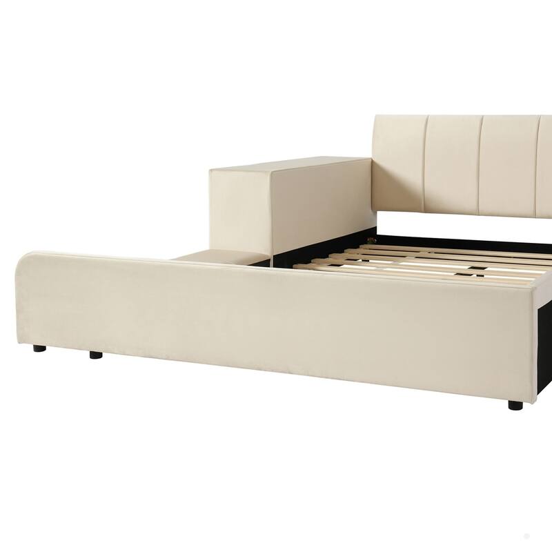 Upholstered Grounded Bed Mother & Child Bed with Bedside Desk and Little Round Stool