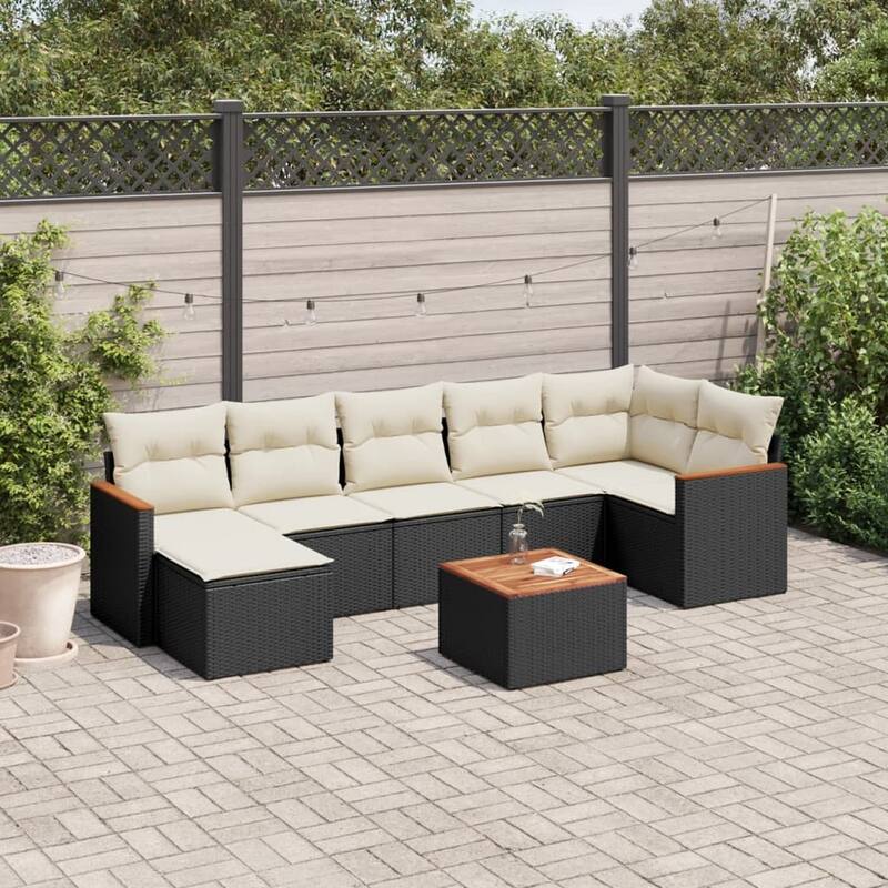 vidaXL Patio Sofa Set with Cushions Outdoor Conversation Furniture Poly Rattan - 21.7 x 21.7 x 14.6 in - Black and cream with table