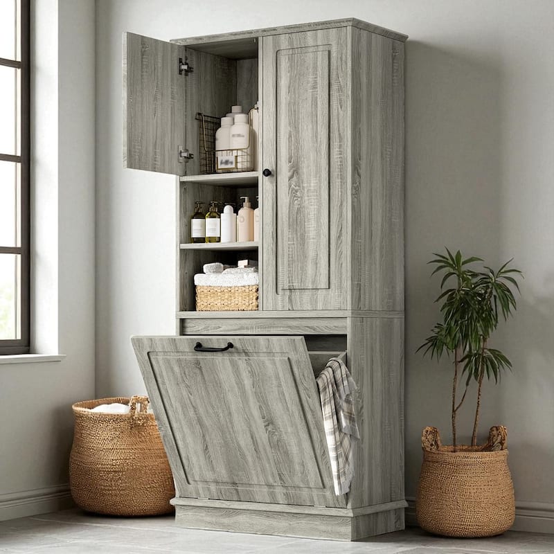 Tall Storage Cabinet with Adjustable Shelves and Flip-Out Basket, MDF Organizer with Enclosed Cabinets & Modern Handles