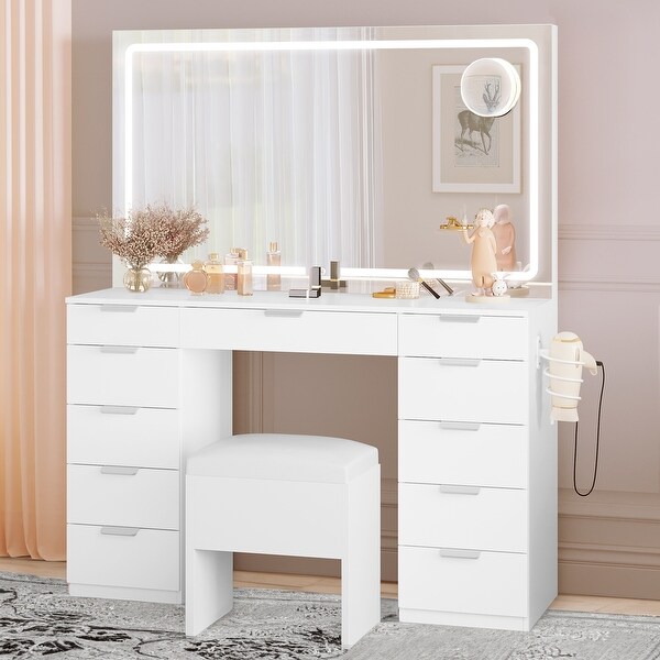 46 Vanity Desk Set with Large LED Lighted Mirror Power Outlet Makeup Vanity with 11 Drawers and Magnifying Glass On Sale Bed Bath Beyond 39699796