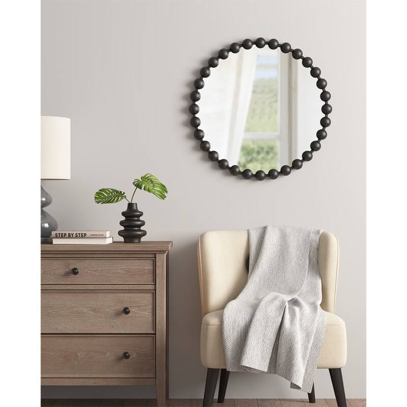 Roomfitters 27-Inch Beaded Round Wall Mirror, Metallic Iron Frame Decorative Glam Accent Mirror for Living Room - Black