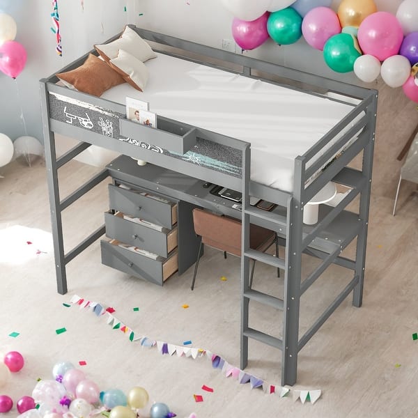 slide 2 of 32, Wood Twin Loft Bed with Desk, Blackboard, and Storage,Kids Bed Design Grey