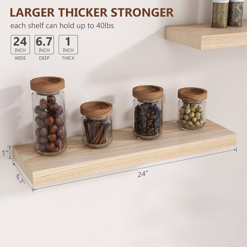 24 Inch Black Floating Shelves for Wall, Solid Wood Wall Shelves Set - 24 Inch