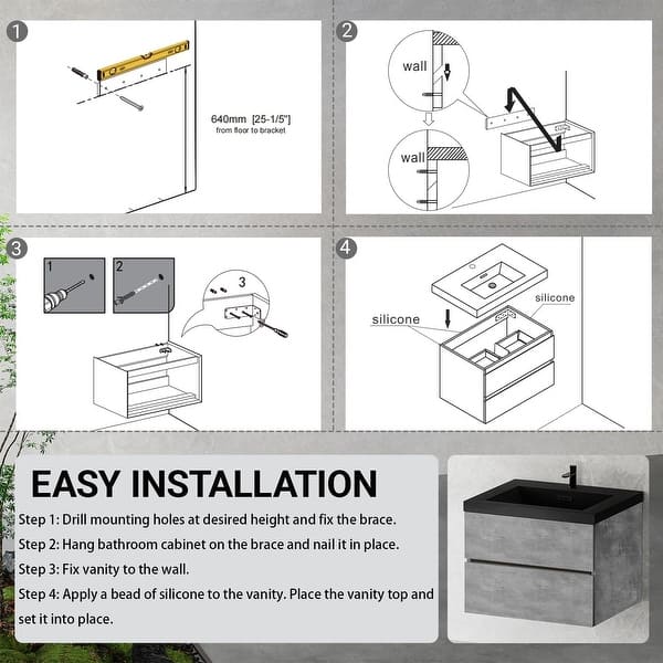 dimension image slide 4 of 5, GDFStudio - Carter Floating Bathroom Vanity with Quartz Sand Countertop & Soft-Close Drawers