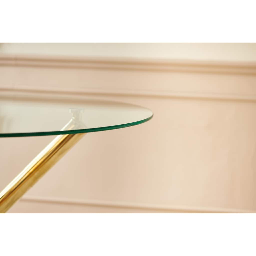 Round Glass Dining Table for 2-4 People, Kitchen Table with Glass Top & Metal Legs, Modern Compact Circle Side Desk