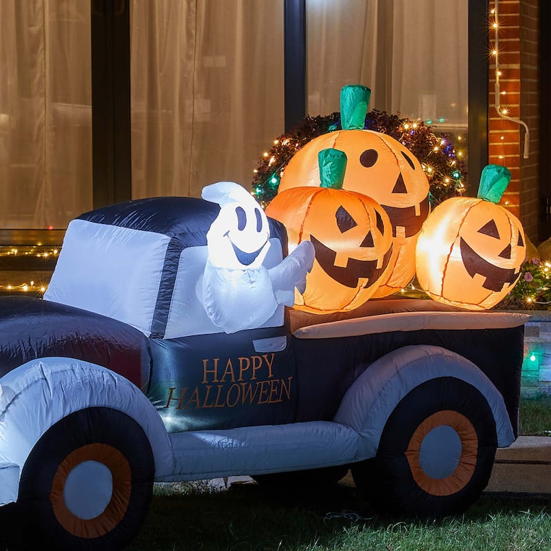 Glitzhome Halloween Lighted Inflatable Truck with Jack-O-Lantern Pumpkins Decor