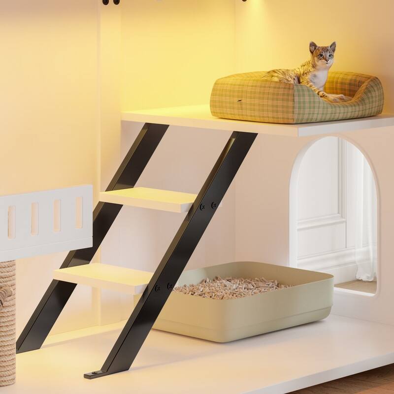 Large Cat Litter Box Enclosure with LED Light and Stairs for Stylish Cat Furniture and Scratch Area