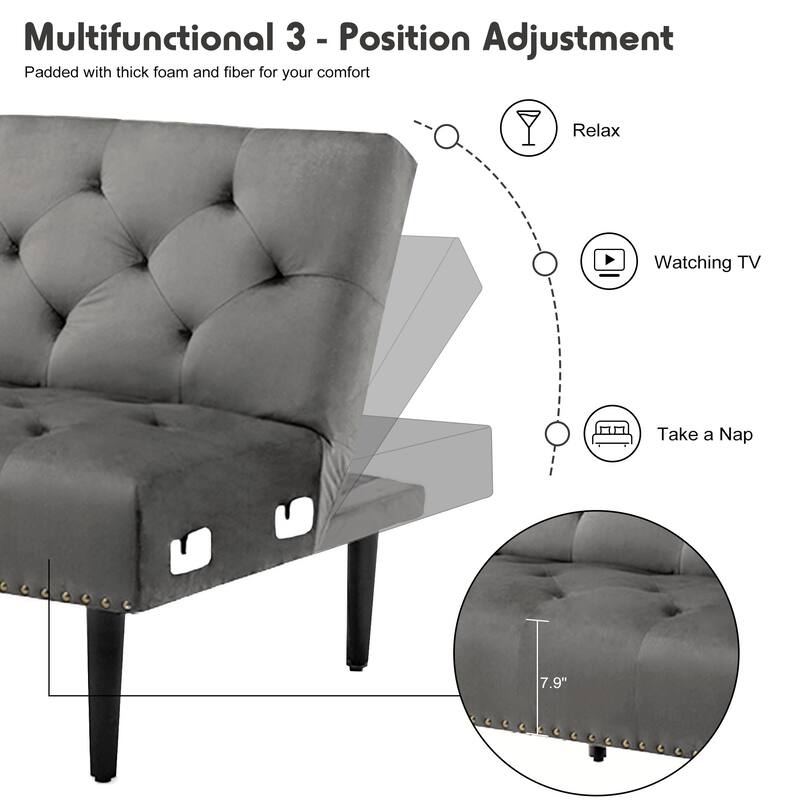 Convertible Velvet Sofa Couch, Sectional Sofa with Ottoman, Mid-Century Futon Sofa Bed - 32"D x 100.7"W x 29.9"H