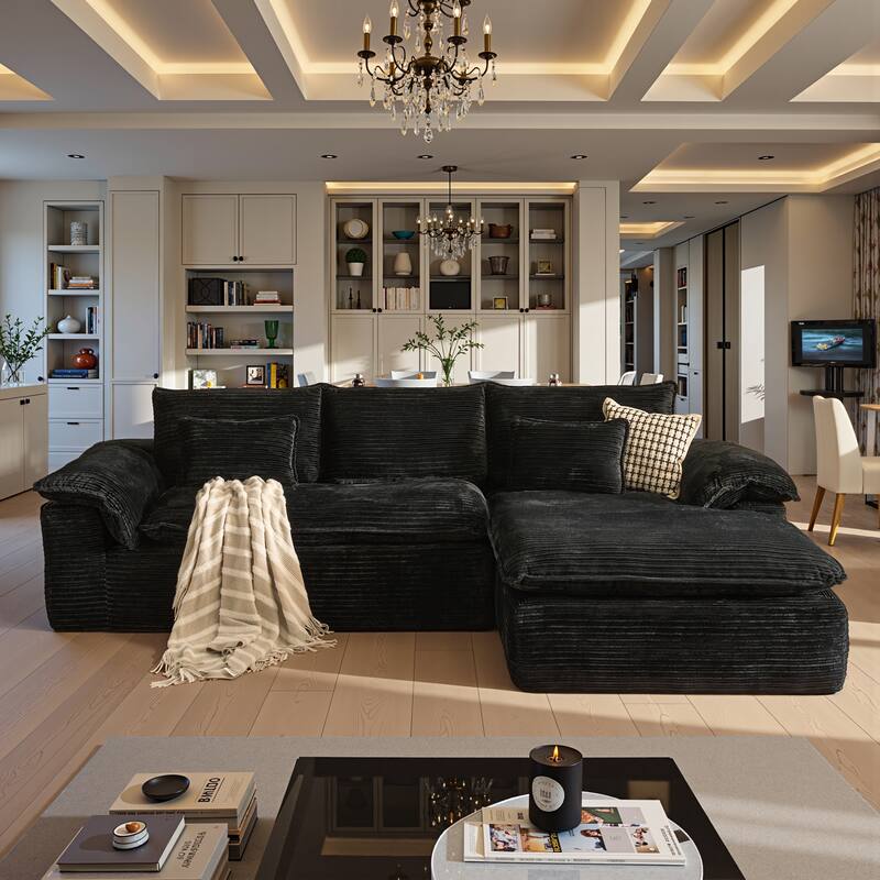 OVIOS L-Shaped Sofa with Dual-Tone Stripe Fabric​ - RightChaise-Black