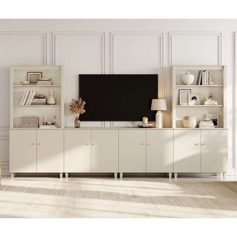 WAMPAT Entertainment Center with Bookshelves and Cabinets for 75" TVs - Beige