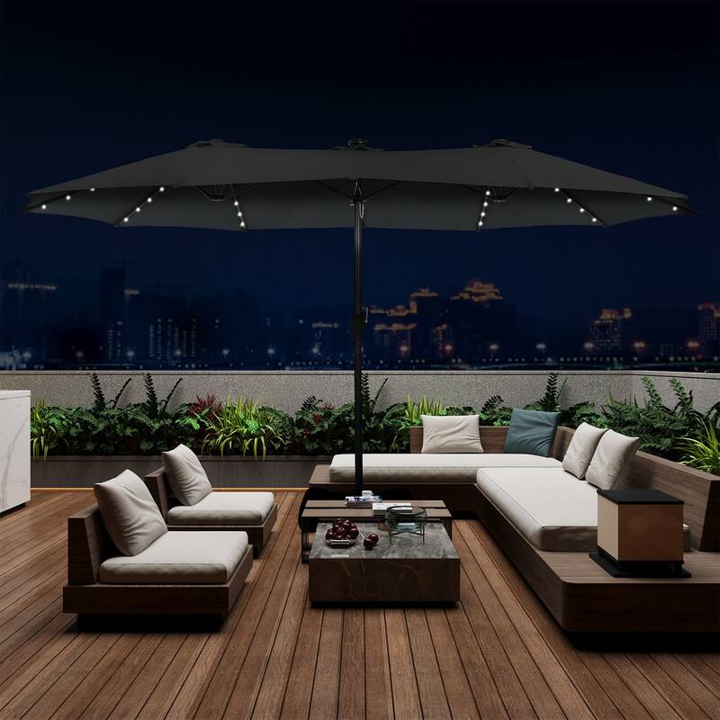 Autlaycil 15ft Retangle Patio Umbrella with Solar Lights & Base - Black
