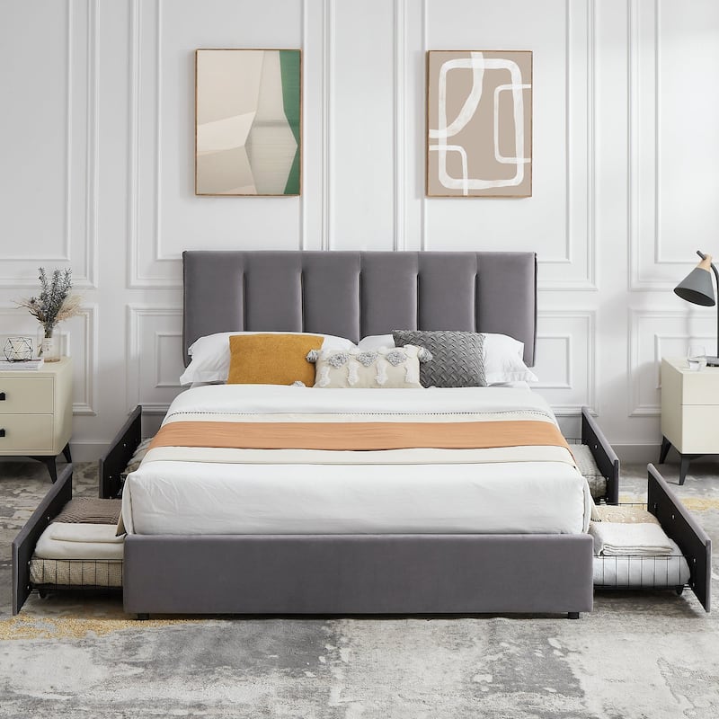 Javlergo Bed Frame with Storage Drawers, Upholstered Platform Bed Frame with Adjustable Headboard - Grey - Queen