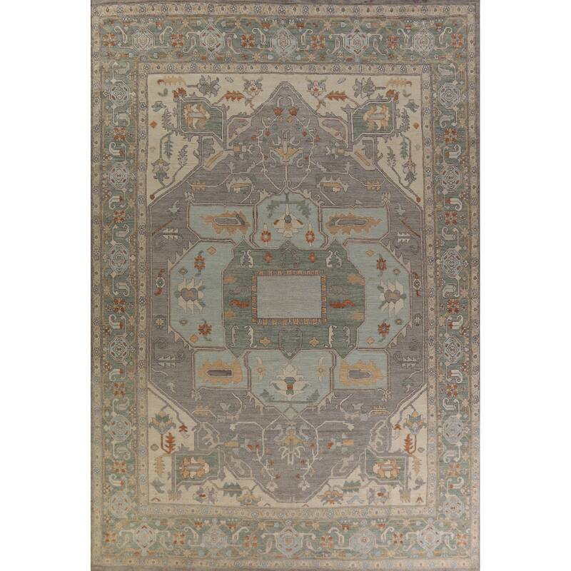 Hand Knotted Oriental 100% Wool Carpet Transitional Medallion Greys & Charcoal Oushak Area Rug - 14' 2'' X 10' 2''