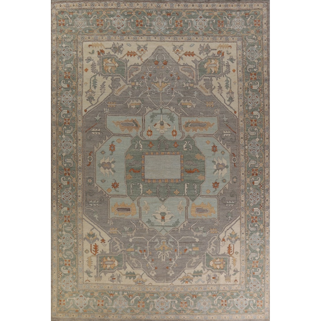 Hand Knotted Oriental 100% Wool Carpet Transitional Medallion Greys & Charcoal Oushak Area Rug - 14' 2'' X 10' 2''
