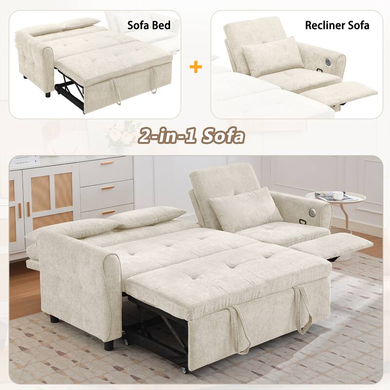 Roomfitters 82-Inch 2-in-1 Three-Seater Sofa, Upholstered Couch with Sofa Bed and Reversible Recliner for Living Room, Beige