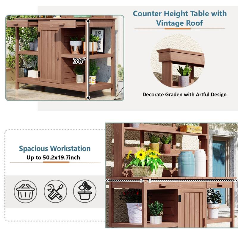 66" Farmhouse Wooden Outdoor Potting Bench Workstation