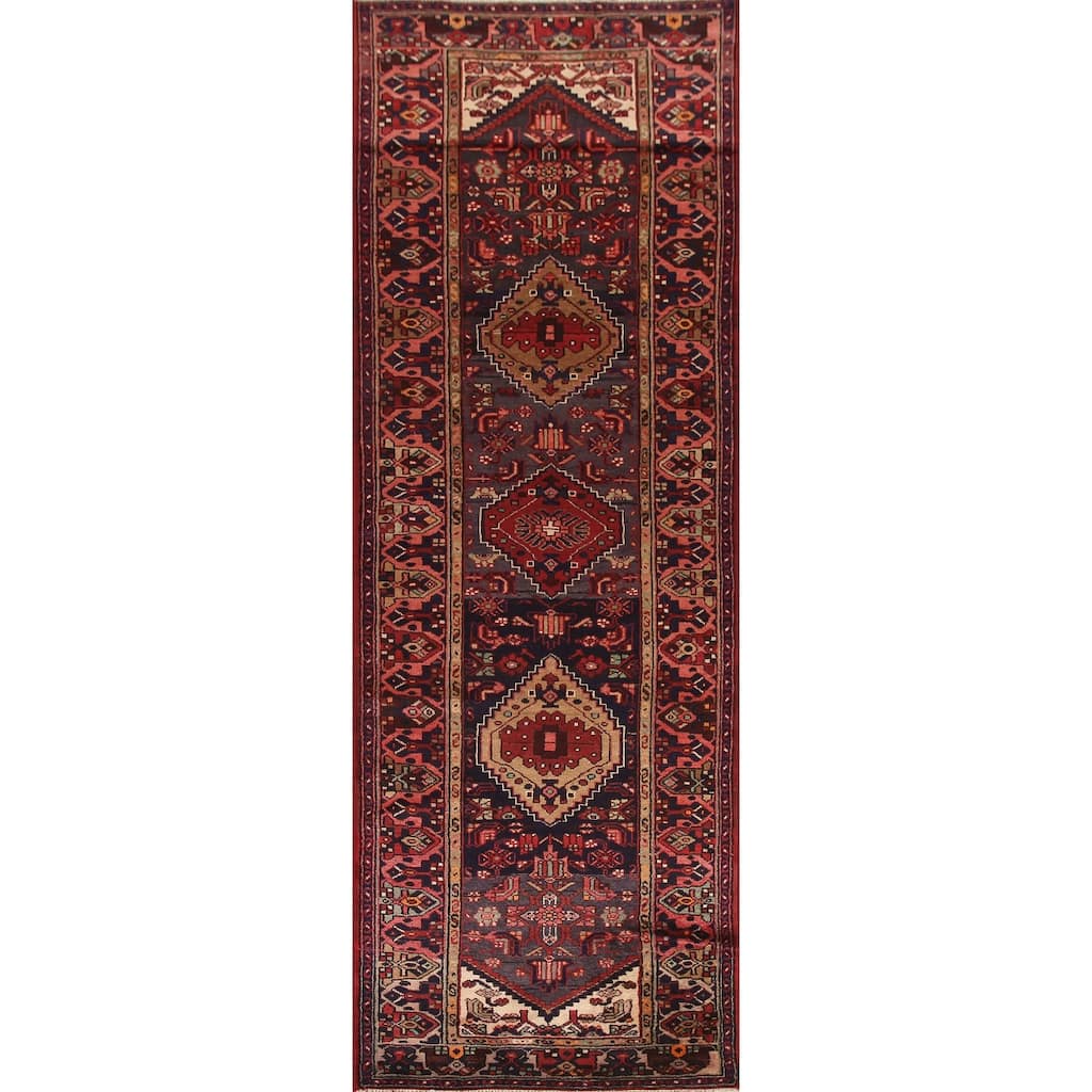 Hand Knotted Oriental 100% Wool Carpet Traditional Tribal Navy Blue & Blues Hamedan Runner Rug - 10' 9'' X 3' 6''