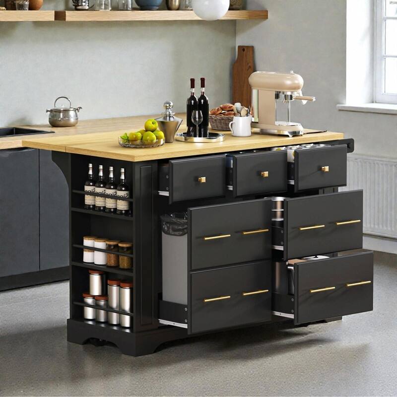 Rolling Kitchen Island with 6 Drawers, Pull-Out Trash Can Storage, Drop Leaf, Power Outlet & Side Racks