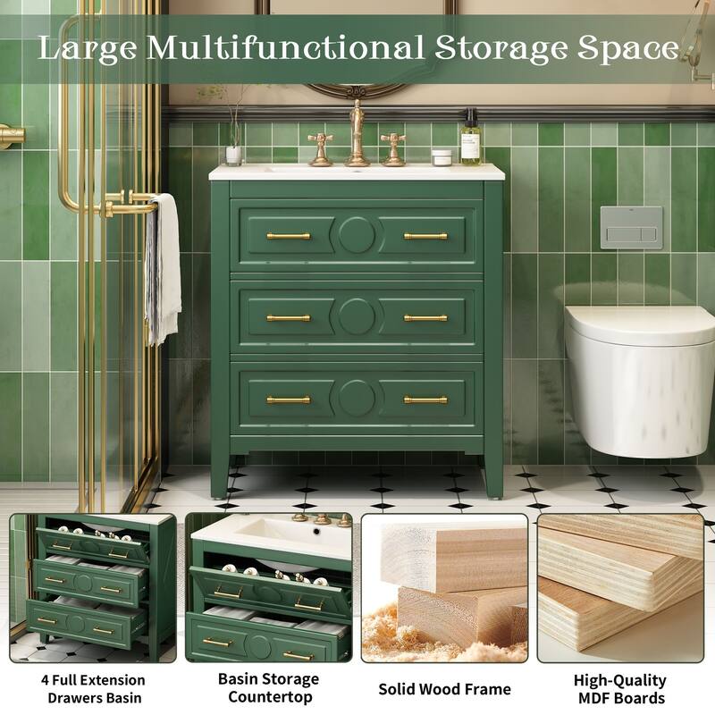 30 Inch Single Bathroom Vanity Set with Sink, Solid Pine Frame and Storage Drawers, Undermount Basin