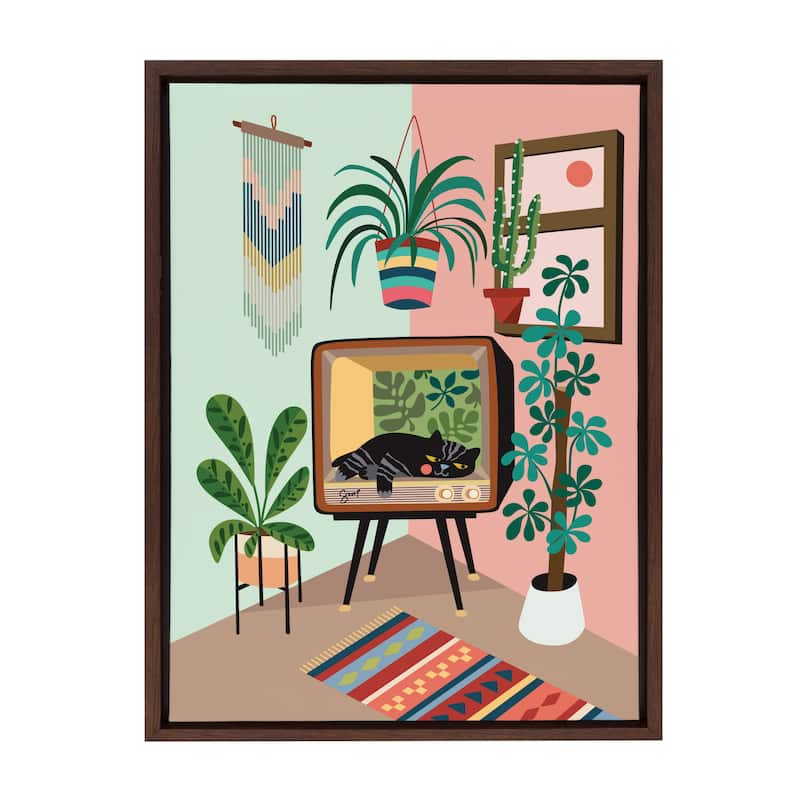 Kate and Laurel Sylvie TV Cat Bed Framed Canvas by Rachel Lee - 18x24 - Plastic - Walnut