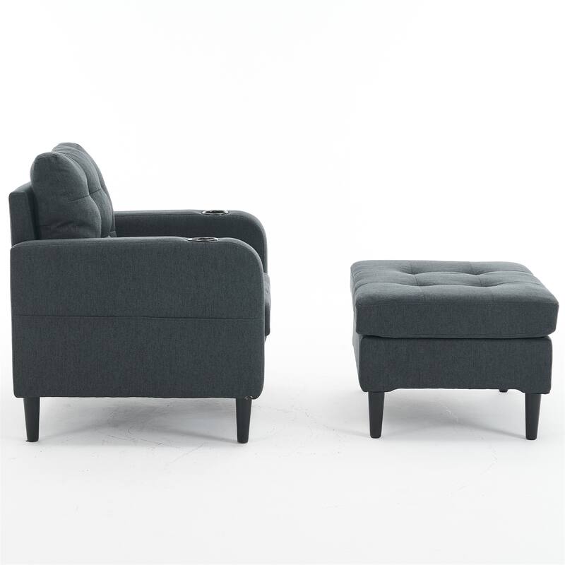 Armchair and Storage Ottoman Set with Cup Holders and Tufted Detailing