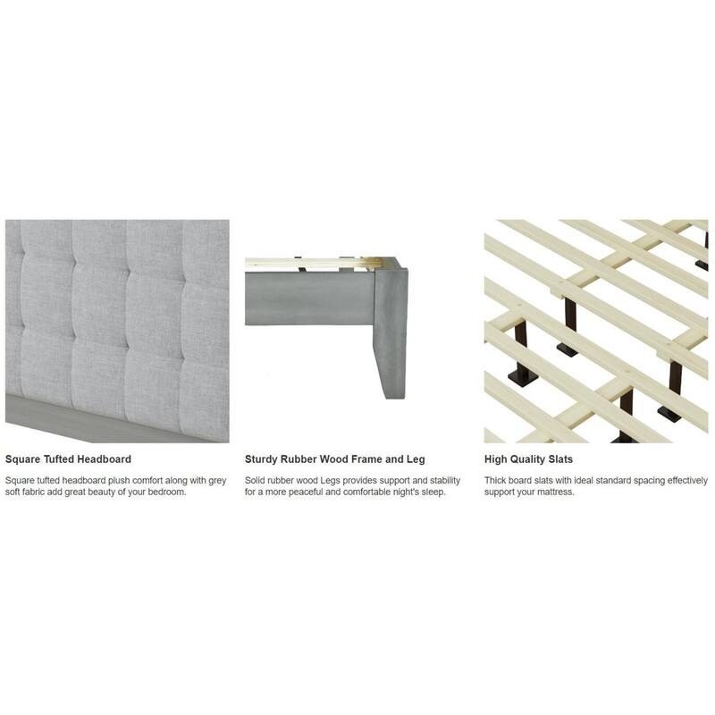 Roomfitters Solid Wood Platform Bed Frame, Mid-Century Upholstered Foundation with Tufted Headboard and Slats, Grey
