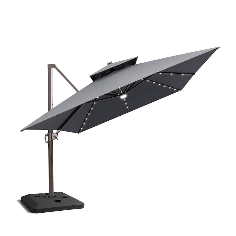 Pellebant 10x13 FT Outdoor Patio Double Top Cantilever Umbrella Solar LED Lighted with 4 Piece Square Offset Umbrella Base - DarkGrey
